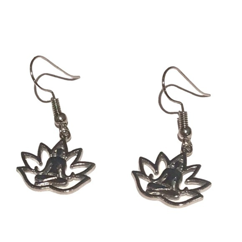 Handmade silver tone lotus blossom‎ zen stainless steel hook earrings